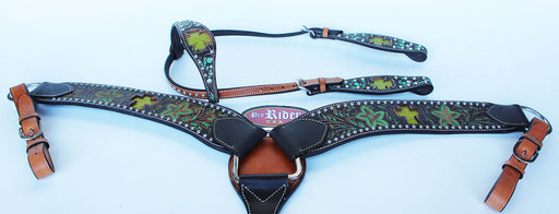 Show Tack Horse Bridle Western Leather Headstall Breast Collar Green 8213