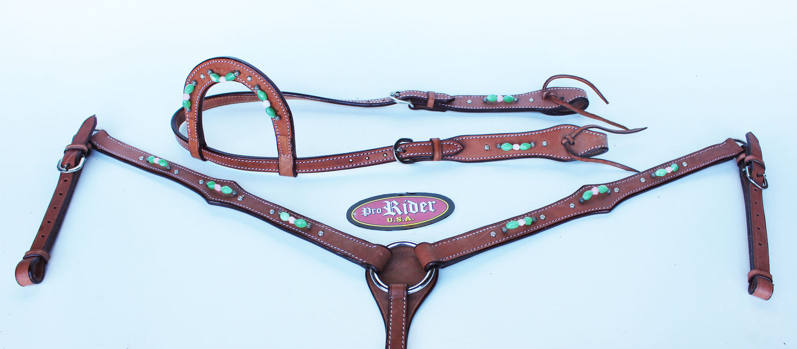 Show Tack Horse Bridle Western Leather Headstall Breast Collar Green 8221