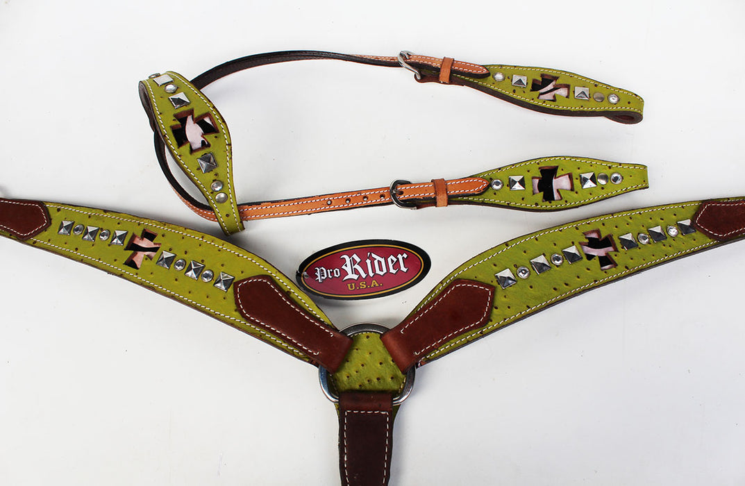 Show Tack Horse Bridle Western Leather Headstall Breast Collar Green 8250