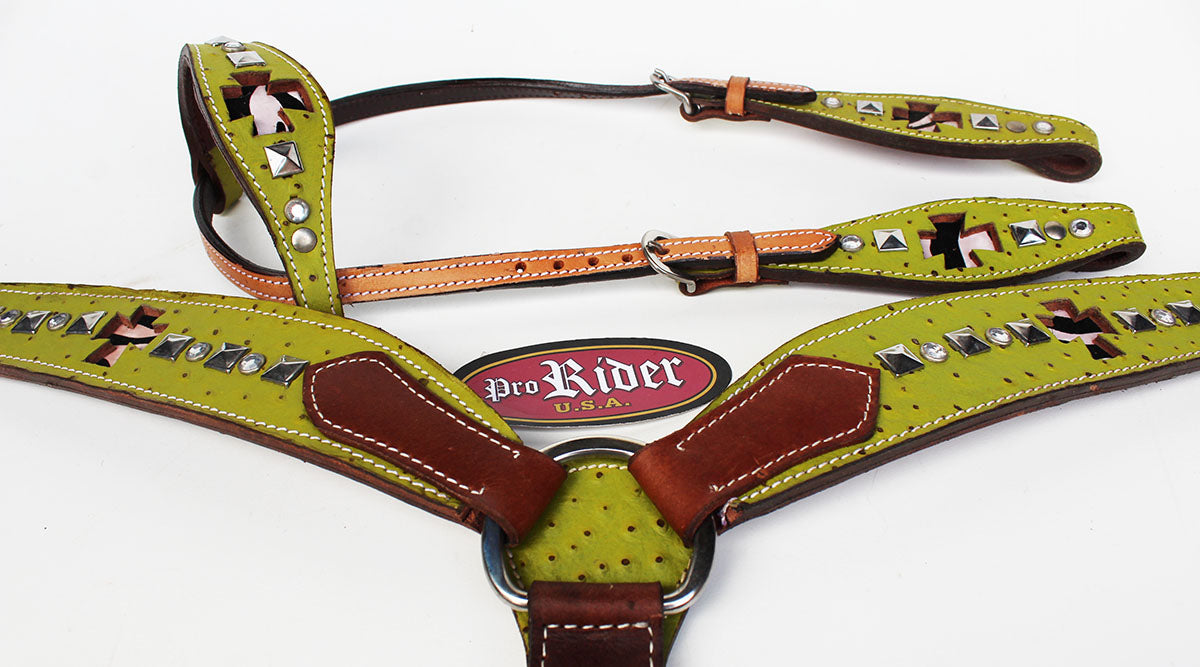 Show Tack Horse Bridle Western Leather Headstall Breast Collar Green 8250