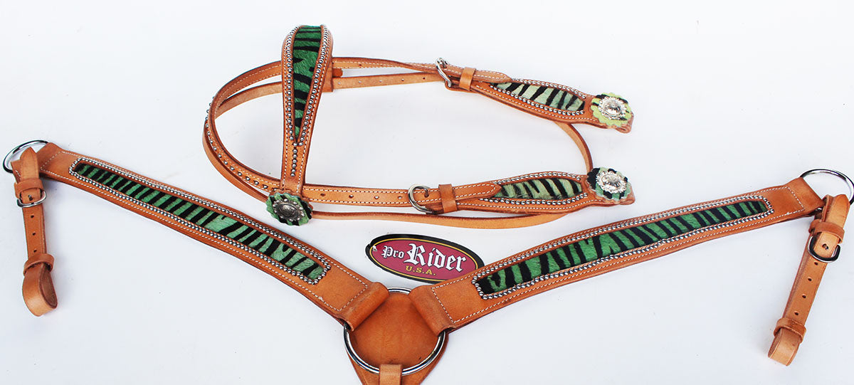 Show Tack Horse Bridle Western Leather Headstall Breast Collar Green 8255