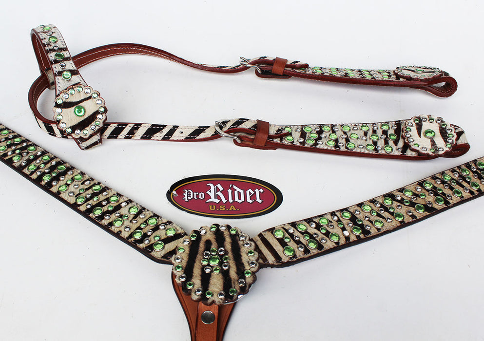Show Tack Horse Bridle Western Leather Headstall Breast Collar Green 8256