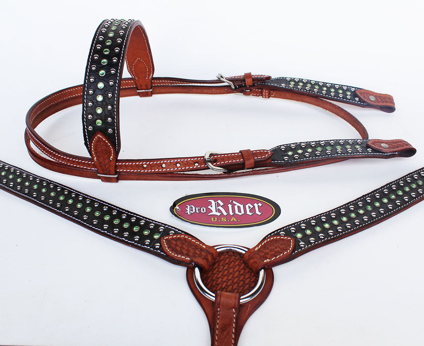 Show Tack Horse Bridle Western Leather Headstall Breast Collar Green 8258