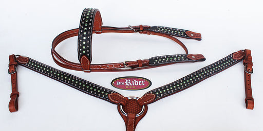 Show Tack Horse Bridle Western Leather Headstall Breast Collar Green 8258