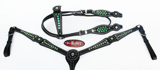Show Tack Horse Bridle Western Leather Headstall Breast Collar Green 8259
