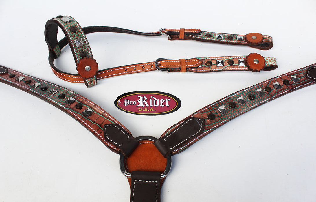 Show Tack Horse Bridle Western Leather Headstall Breast Collar Green 8261