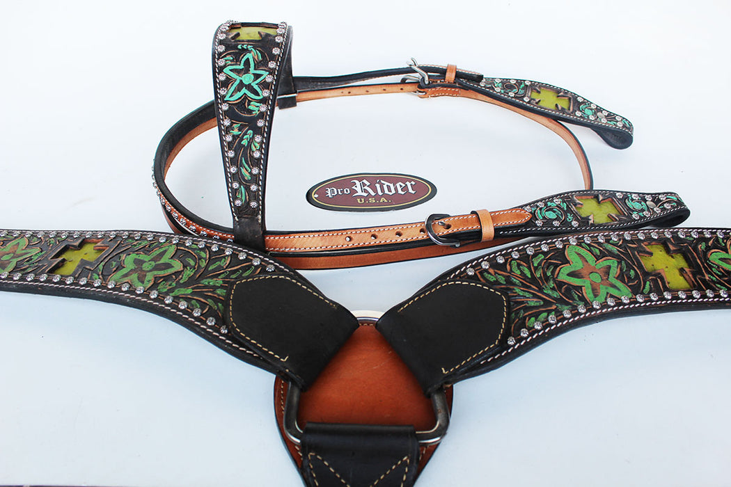 Show Tack Horse Bridle Western Leather Headstall Breast Collar Green 8265