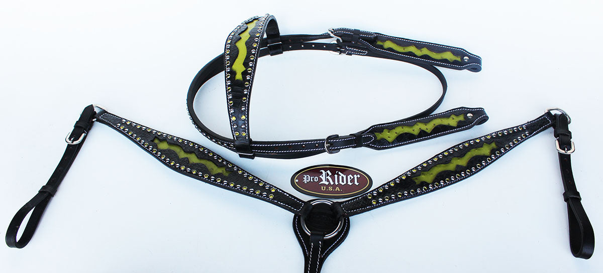 Show Tack Horse Bridle Western Leather Headstall Breast Collar Green 8276