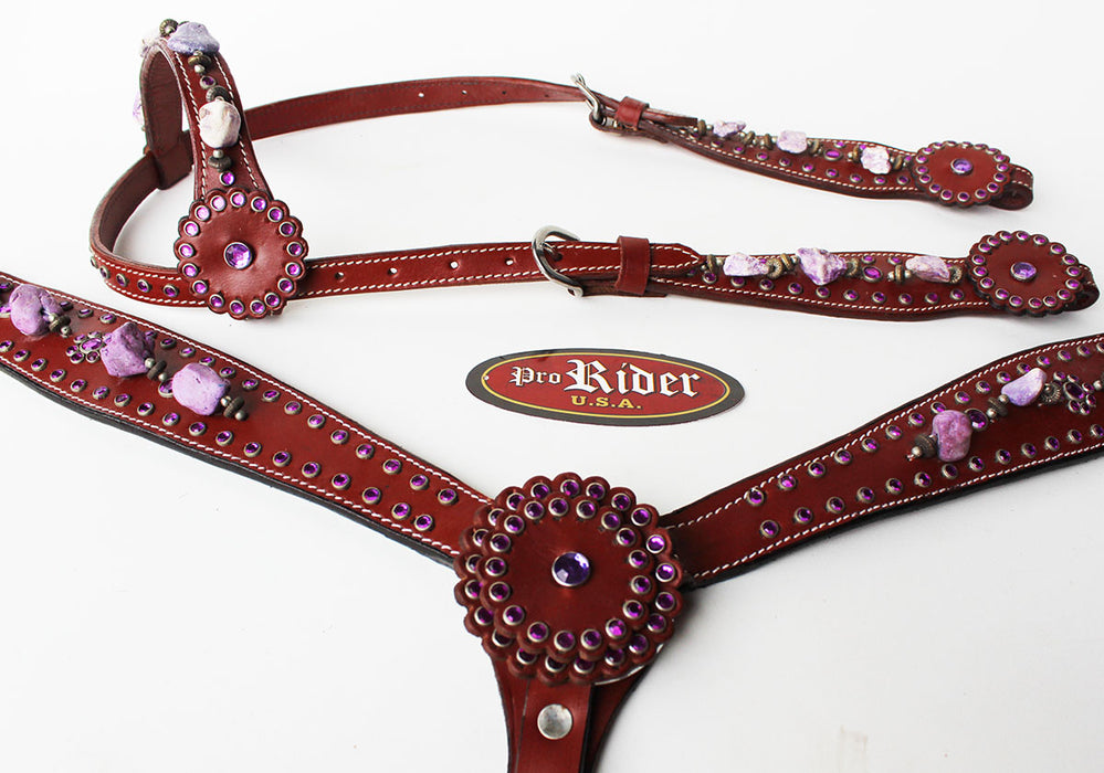 Horse Show Tack Bridle Western Leather Headstall Breast Collar Purple  8302