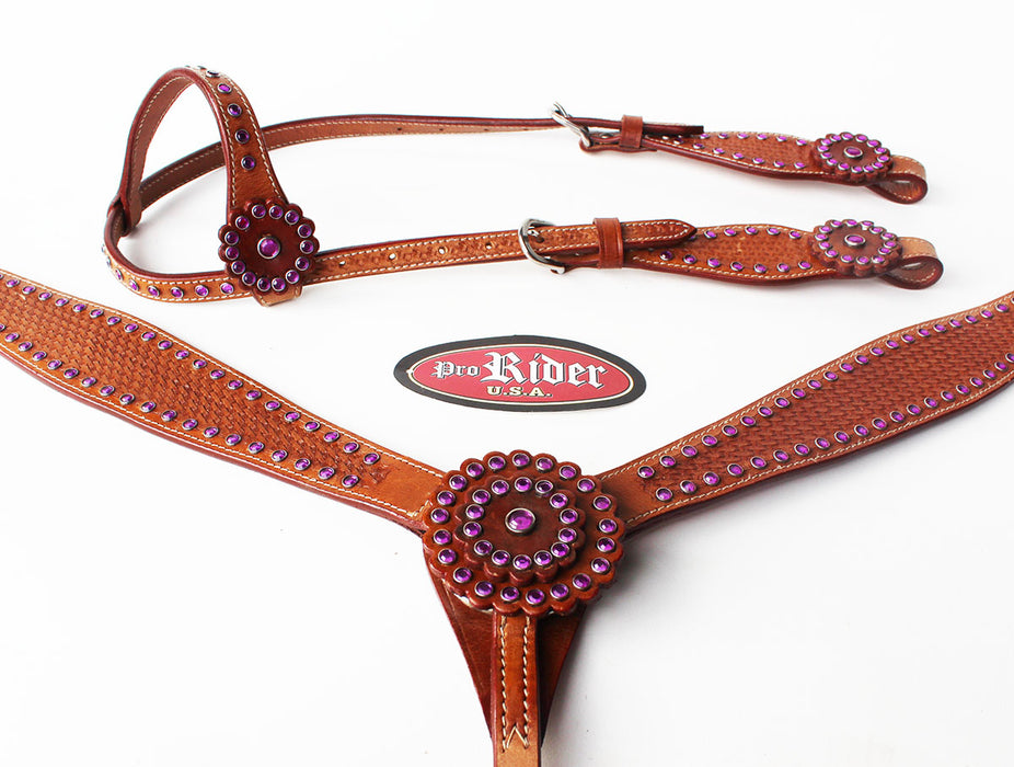 Horse Tack Bridle Western Leather Headstall Breast Bling 1 EAR Purple 8333A