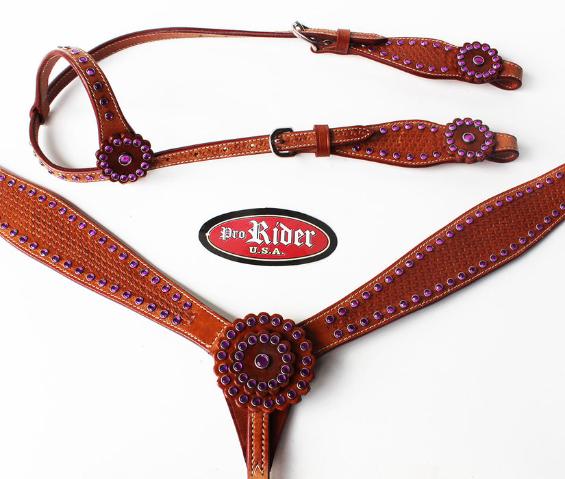 Horse Tack Bridle Western Leather Headstall Breast Bling 1 EAR Purple 8333A