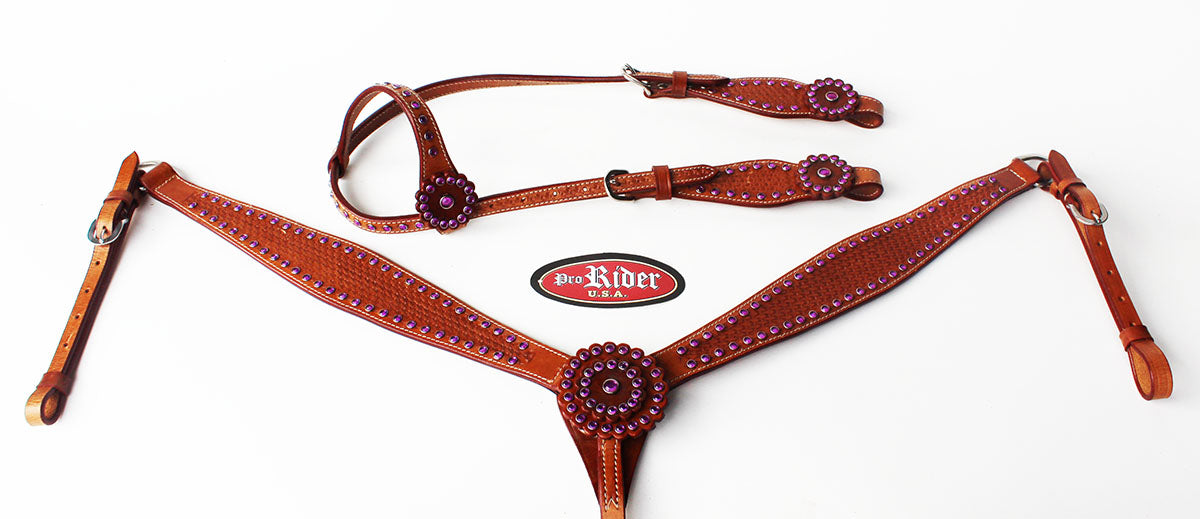 Horse Tack Bridle Western Leather Headstall Breast Bling 1 EAR Purple 8333A