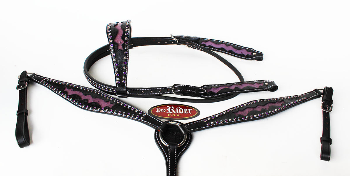 Horse Show Tack Bridle Western Leather Headstall Breast Collar Purple  8366