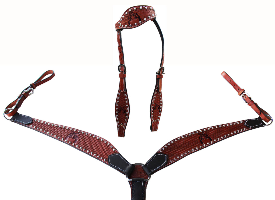 Western Leather Horse Tack One Ear Headstall Breast Collar 85132HAB