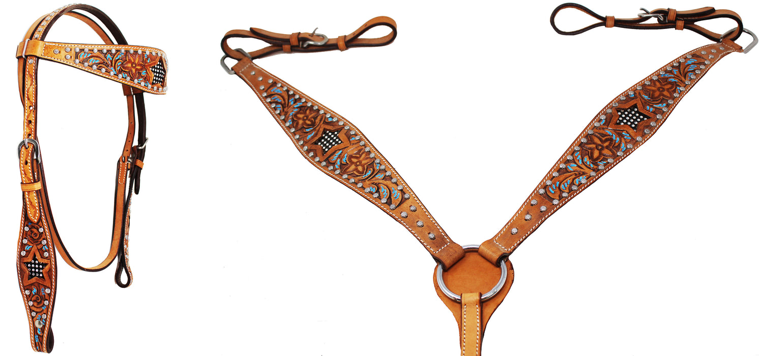 Show Tack Bridle Western Leather Rodeo Headstall Breast Collar Turquoise 8580