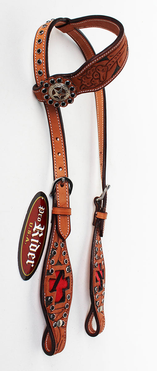 Horse Show Bridle Western Leather Rodeo Headstall Red Cross Tack Carved 8830HA