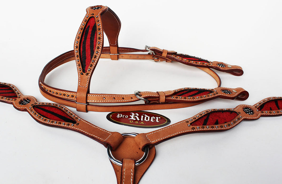 Horse Show Bridle Western Leather Rodeo Headstall Breast Collar Red Hair 8832B