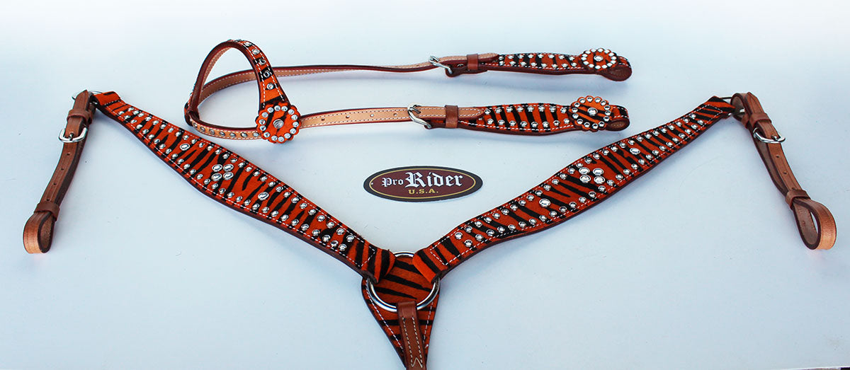 Horse Show Tack Bridle Western Leather Headstall Breast Collar Orange 8902