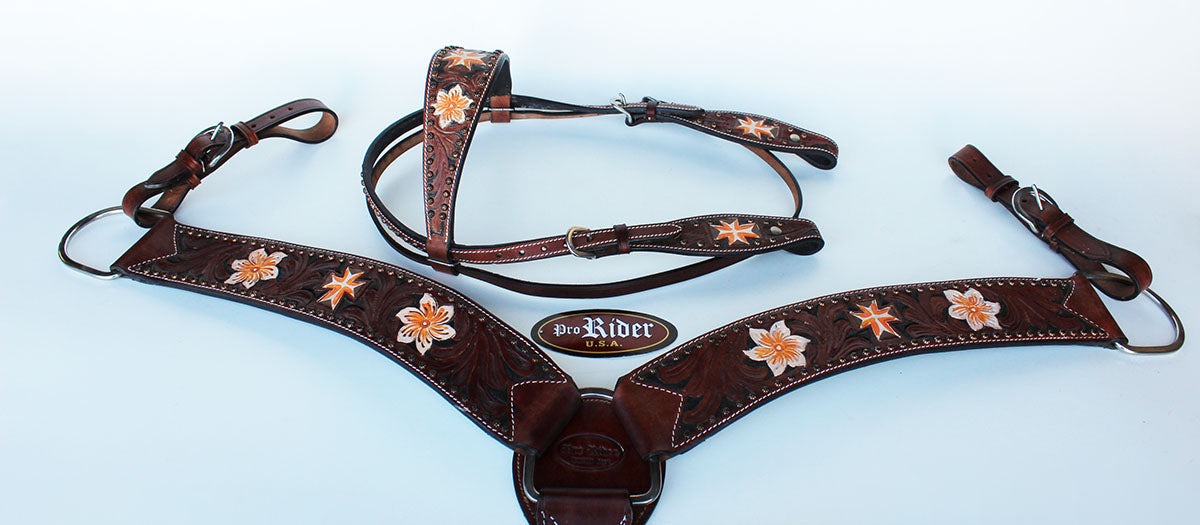 Horse Size Show Tack Bridle Western Leather Headstall Breast Collar Orange 8906