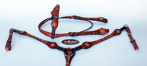 Horse Show Tack Bridle Western Leather Headstall Breast Collar Orange 8917