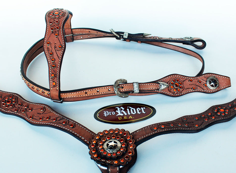 Horse Show Tack Bridle Western Leather Headstall Breast Collar Reins Orange 8918