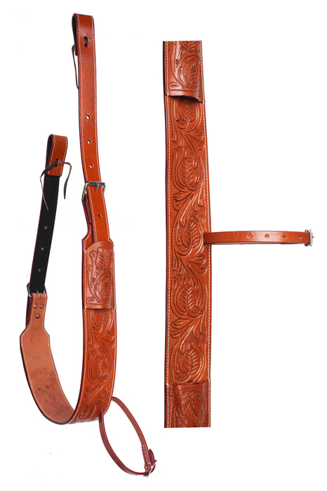 Horse Handcrafted 3" Wide Floral Tooled Oiled Tan Leather Rear Flank Saddle Cinch Girth with Billets 97121TN