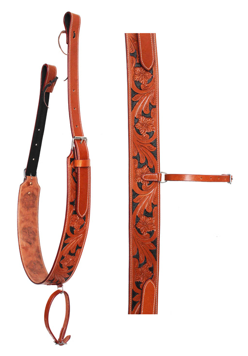 Horse Handcrafted Floral Tooled Black Inlay Oiled Tan Leather Rear Flank Saddle Cinch Girth with Billets 97123TN