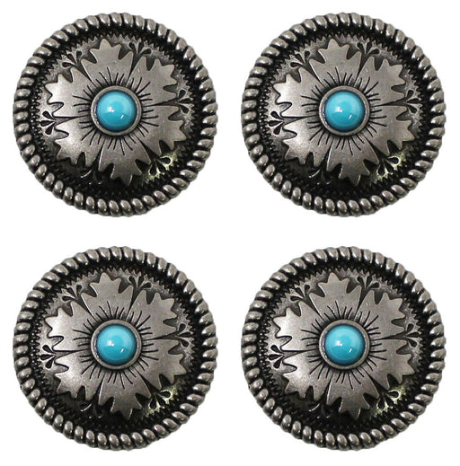 Set of 4 Screw Back 1-1/4" Western Tack Engraved Turquoise Stone Conchos CO238