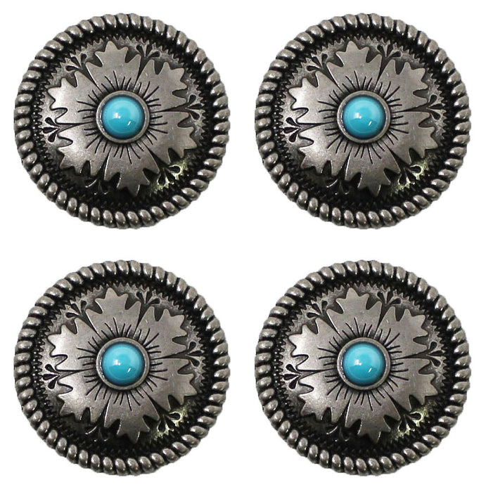 Set of 4 Screw Back 1-1/4" Western Tack Engraved Turquoise Stone Conchos CO238