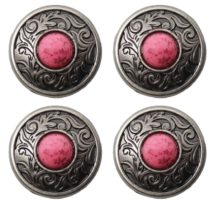 1" Set of 4 Western Saddle Tack Belt Silver Engraved Pink Stone Conchos CO107