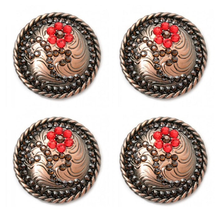 Set of 4 Copper Engraved Flower Rhinestone 1-1/4" Wide Saddle Tack Conchos CO128