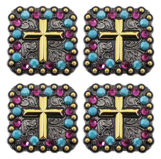 Set of 4 Conchos Rhinestone Horse Saddle Western Bridle Berry Cross CO140