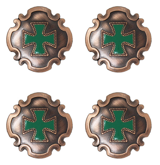Set of 4 Western 1-1/2" Saddle Tack Copper Shield Conchos w/ Teal Cross CO212B
