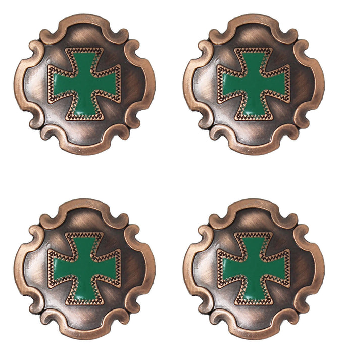 Set of 4 Western 1-1/2" Saddle Tack Copper Shield Conchos w/ Teal Cross CO212B