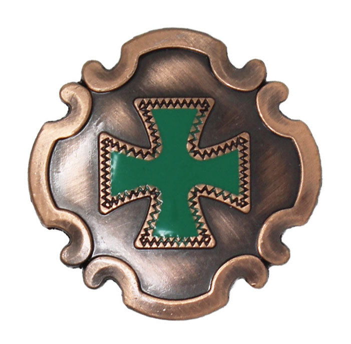 Set of 4 Western 1-1/2" Saddle Tack Copper Shield Conchos w/ Teal Cross CO212B