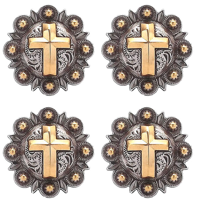 Set of 4 Conchos 1-1/2" Western Saddle Tack Gold Cross Engraved Conchos CO418