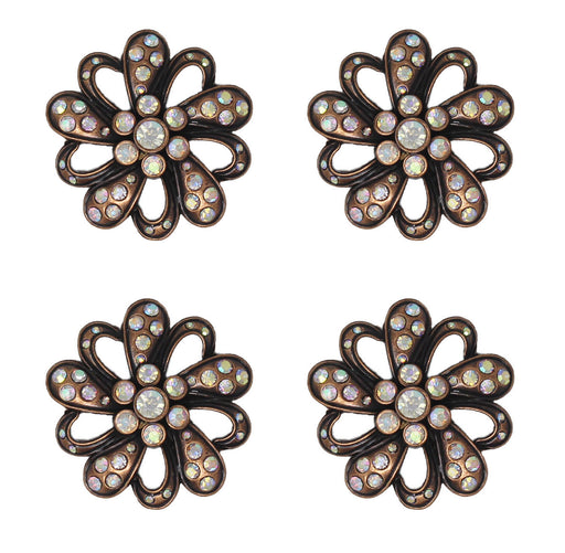 Set of (4) 1-1/2" Screw Back Conchos Antique Copper Floral Concho w/ Rhinestone CO439