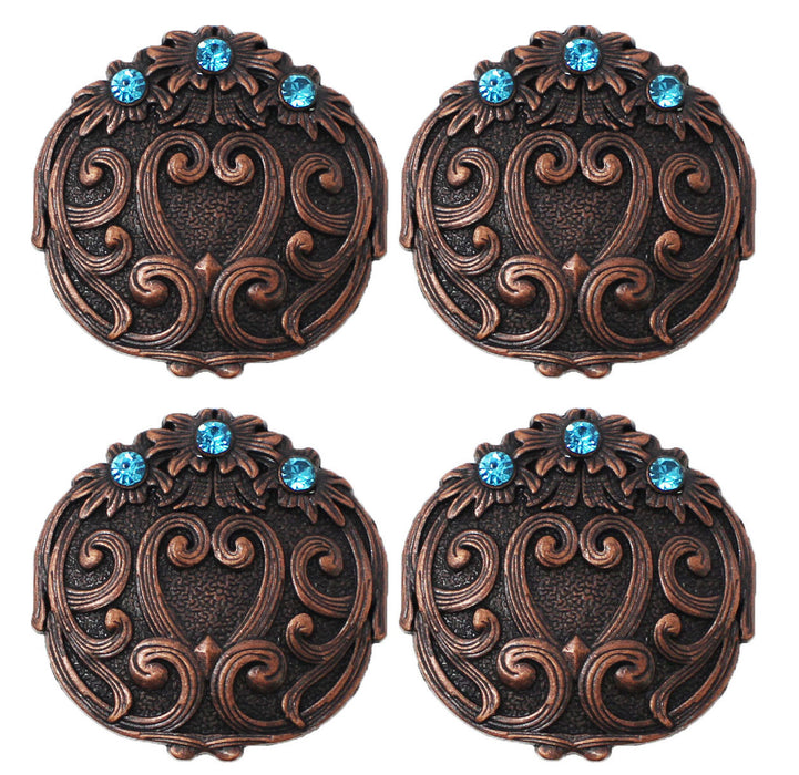 Set of 4 Conchos Western Saddle Tack Copper Engraved Rhinestone Co541A